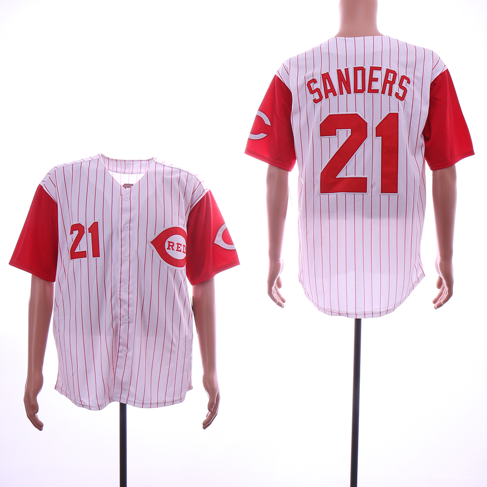 Men MLB Cincinnati Reds #21 Sanders white red strips jerseys->cincinnati reds->MLB Jersey